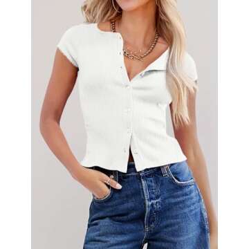 Cicy Bell Womens Short Cap Sleeve Crop Tops Fitted Button Down V Neck Shirts Y2k Going Out Cute Ribbed Knit Tshirts White