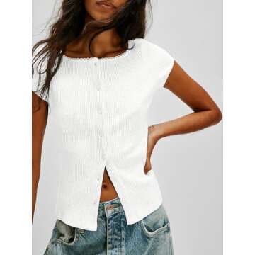 Cicy Bell Womens Short Cap Sleeve Crop Tops Fitted Button Down V Neck Shirts Y2k Going Out Cute Ribbed Knit Tshirts White