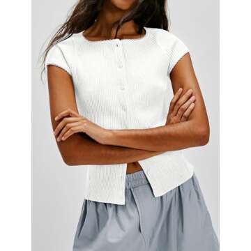Cicy Bell Womens Short Cap Sleeve Crop Tops Fitted Button Down V Neck Shirts Y2k Going Out Cute Ribbed Knit Tshirts White