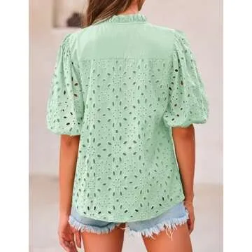 PRETTYGARDEN Women's Summer Tops 2025 Dressy Casual Short Sleeve V Neck Buttons Hollow Out Lace Embr...