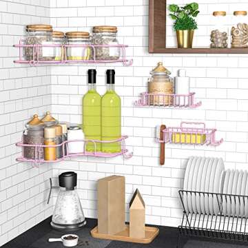 TONLEA Corner Shower Caddy, Shower Organizer for Bathroom, 4-Pack Rustproof Corner Shower Shelves With Soap Dish and 4 Hooks For Bathroom Storage, Adhesive Or Drilling Kitchen Organization, Pink