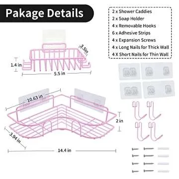 TONLEA Corner Shower Caddy, Shower Organizer for Bathroom, 4-Pack Rustproof Corner Shower Shelves With Soap Dish and 4 Hooks For Bathroom Storage, Adhesive Or Drilling Kitchen Organization, Pink