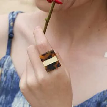 Meow Star Gold Ring Gold Plated Rings Acrylic Rings for Women Thin Wide Adjustable Open Ring Fashion Jewelry For Women Fashion Female Acrylic Leopard Rectangular Ring(gold_9#)