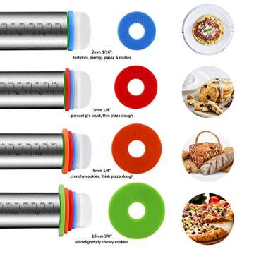 Rolling Pin and Pastry Baking Mat Set, Rolling Pins with Adjustable Thickness Rings, Stainless Steel...