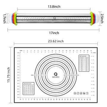Rolling Pin and Pastry Baking Mat Set, Rolling Pins with Adjustable Thickness Rings, Stainless Steel Dough Roller for Baking Fondant, Pizza, Pie, Pastry, Pasta, Cookies (Black Mat)