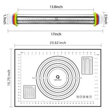 Rolling Pin and Pastry Baking Mat Set, Rolling Pins with Adjustable Thickness Rings, Stainless Steel Dough Roller for Baking Fondant, Pizza, Pie, Pastry, Pasta, Cookies (Black Mat)