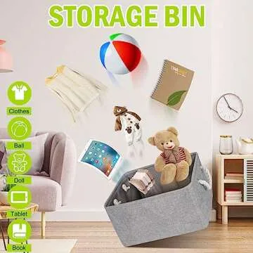 YeaBerr Large Fabric Storage Bins basket with Rope Handles for Clothes Baby Toys Organizing Home Office Closet Laundry Nursery Shelves, Foldable Baskets for Gifts Empty (Grey, 16.1x12.2x7.9 inch)
