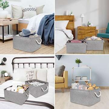 YeaBerr Large Fabric Storage Bins basket with Rope Handles for Clothes Baby Toys Organizing Home Office Closet Laundry Nursery Shelves, Foldable Baskets for Gifts Empty (Grey, 16.1x12.2x7.9 inch)