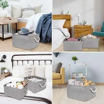 YeaBerr Large Fabric Storage Bins basket with Rope Handles for Clothes Baby Toys Organizing Home Office Closet Laundry Nursery Shelves, Foldable Baskets for Gifts Empty (Grey, 16.1x12.2x7.9 inch)