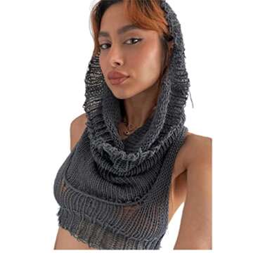Caviotess Women Knitted Hoodie Sweater Vest Sexy Sleeveless Hollow Out Hooded Crop Top Streetwear Rave Oufit Gray
