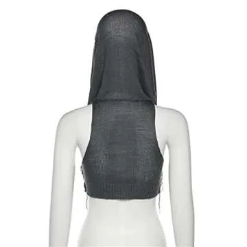 Caviotess Women Knitted Hoodie Sweater Vest Sexy Sleeveless Hollow Out Hooded Crop Top Streetwear Rave Oufit Gray