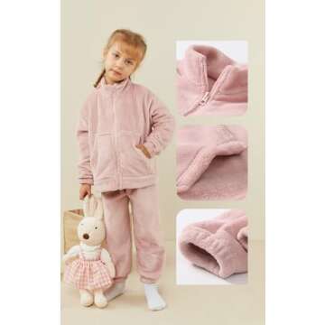 kiddook Girls' Flannel Clothes Set, Zipper Top and Pants Winter Warm Soft Fuzzy Homewear(Pink,10-12Y)