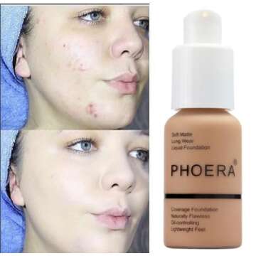 2 Pack PHOERA Foundation,Full Coverage Foundation, Concealer Foundation Full Coverage Flawless New 30ml PHOERA 24HR Matte Oil Control Concealer。(103 Warm peach）