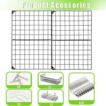 NEX Wall Grid Panel for Photo Display, Wall Storage Organizer with 3 Hanging Baskets, Metal Wire Grid DIY Office Decor for Ins Art Memo Board Display, 32.6'' x 23.8''