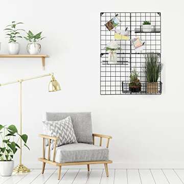 NEX Wall Grid Panel for Photo Display, Wall Storage Organizer with 3 Hanging Baskets, Metal Wire Grid DIY Office Decor for Ins Art Memo Board Display, 32.6'' x 23.8''