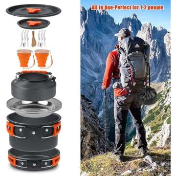 Camping Cooking Set Camping Cookware Outdoor Aluminum Mess Kit with Frying Pan, Pot with Lid, 1.2L Kettle Set and 2 Stainless Steel Plate, 2 Folding Cups and 2 Set Knives Spoons for Backpacking Picnic
