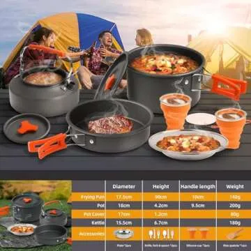 Camping Cooking Set Camping Cookware Outdoor Aluminum Mess Kit with Frying Pan, Pot with Lid, 1.2L Kettle Set and 2 Stainless Steel Plate, 2 Folding Cups and 2 Set Knives Spoons for Backpacking Picnic