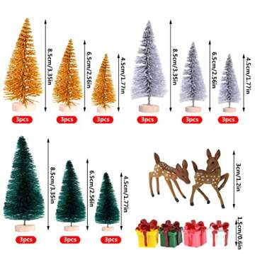 Yookat 51Pcs Mini Pine Trees Artificial Mini Trees with Wood Base Sisal Trees Bottle Brush Trees Assorted Color and Deer Boxes Winter Snow for Christmas Decoration (Multicolor-02)