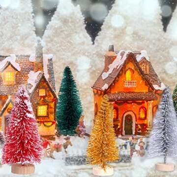 Yookat 51Pcs Mini Pine Trees Artificial Mini Trees with Wood Base Sisal Trees Bottle Brush Trees Assorted Color and Deer Boxes Winter Snow for Christmas Decoration (Multicolor-02)