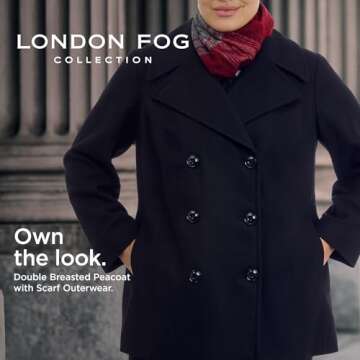 LONDON FOG Women's Plus-Size Double Breasted Peacoat with Scarf, Black, 1X
