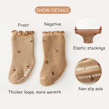 GuaziV Toddler Baby Socks Ankle Crew Cotton Newborn Socks, Anti Slip Warm Thick Cotton Unisex Frilly Ruffle Socks 5 Pairs (5 colors, 3-6 Year)