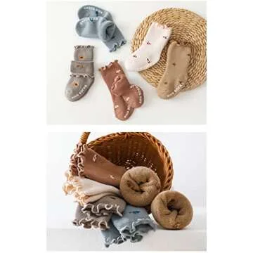 GuaziV Toddler Baby Socks Ankle Crew Cotton Newborn Socks, Anti Slip Warm Thick Cotton Unisex Frilly Ruffle Socks 5 Pairs (5 colors, 3-6 Year)