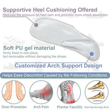 Dr.Foot Arch Support Shoe Inserts for Plantar Fasciitis Relief, Self-Adhesive Arch Pads Heel Cushion for Flats, Heel Pain, Gel Arch Insoles for Men and Women 2 Pairs (Large, Transparent)