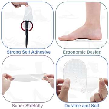 Dr.Foot Arch Support Shoe Inserts for Plantar Fasciitis Relief, Self-Adhesive Arch Pads Heel Cushion for Flats, Heel Pain, Gel Arch Insoles for Men and Women 2 Pairs (Large, Transparent)