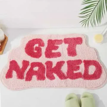 DyeFury Irregular Shaped Get Naked Bath Mat Pink - Fun Bath mat, Small Preppy Bathroom Decor, Funny Aesthetic Bathroom Rugs for Apartmen Decor, Non-Slip Hot Pink Bath Rugs for Girls 31" x 18"