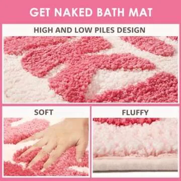 DyeFury Irregular Shaped Get Naked Bath Mat Pink - Fun Bath mat, Small Preppy Bathroom Decor, Funny Aesthetic Bathroom Rugs for Apartmen Decor, Non-Slip Hot Pink Bath Rugs for Girls 31" x 18"