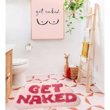 DyeFury Irregular Shaped Get Naked Bath Mat Pink - Fun Bath mat, Small Preppy Bathroom Decor, Funny Aesthetic Bathroom Rugs for Apartmen Decor, Non-Slip Hot Pink Bath Rugs for Girls 31" x 18"