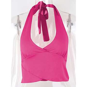 Remidoo Women's Sexy Sleeveless Deep V Neck Halter Sef Tie Backless Wrap Cami Crop Top Hot Pink Small