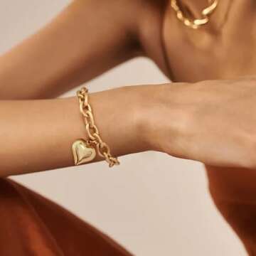 FAUTHENTICUTE Worn Gold Heart Bracelets For Women Chunky Gold Link Bracelets With A Heart Charm Mothers Day Love Bracelet present