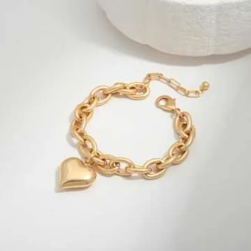 FAUTHENTICUTE Worn Gold Heart Bracelets For Women Chunky Gold Link Bracelets With A Heart Charm Mothers Day Love Bracelet present