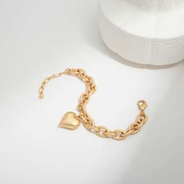 FAUTHENTICUTE Worn Gold Heart Bracelets For Women Chunky Gold Link Bracelets With A Heart Charm Mothers Day Love Bracelet present