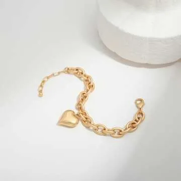 FAUTHENTICUTE Worn Gold Heart Bracelets For Women Chunky Gold Link Bracelets With A Heart Charm Mothers Day Love Bracelet present
