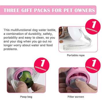gkqlczyy 3-in-1 Portable Dog Water Bottle Dispenser,Crate with Food Container, Replaceable Waste Bags,Dog Stuff Accessories Items, Puppy Essentials Necessities,for Walking&Hiking (20oz-Pink)