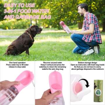 gkqlczyy 3-in-1 Portable Dog Water Bottle Dispenser,Crate with Food Container, Replaceable Waste Bags,Dog Stuff Accessories Items, Puppy Essentials Necessities,for Walking&Hiking (20oz-Pink)