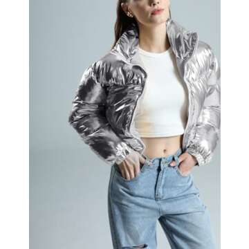 Wyeysyt Women's Metallic Y2K Cropped Puffer Jacket Quilted Shiny Winter Bubble Padded Puffy Coat Stand Collar Zip Up Outwear(Silver-S)