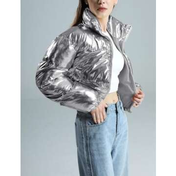 Wyeysyt Women's Metallic Y2K Cropped Puffer Jacket Quilted Shiny Winter Bubble Padded Puffy Coat Stand Collar Zip Up Outwear(Silver-S)