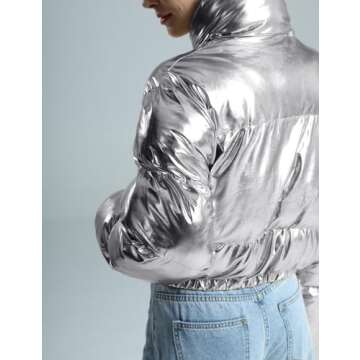 Wyeysyt Women's Metallic Y2K Cropped Puffer Jacket Quilted Shiny Winter Bubble Padded Puffy Coat Stand Collar Zip Up Outwear(Silver-S)