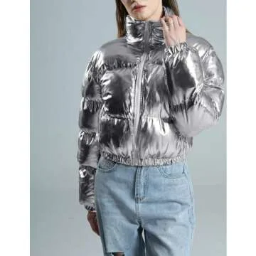 Wyeysyt Women's Metallic Y2K Cropped Puffer Jacket Quilted Shiny Winter Bubble Padded Puffy Coat Stand Collar Zip Up Outwear(Silver-S)