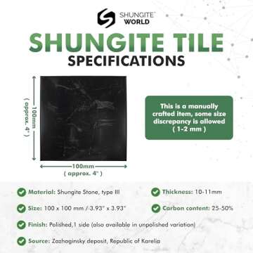 Shungite World Shungite Tile Polished 100x100 mm / 3.93"x3.93" from Real Karelian Shungite Stones Shungite Slab Plate Shungite Crystal Charging Plate Mineral Décor Coaster Healing Crystal Plates