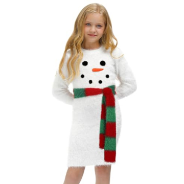 BesserBay Christmas Ugly Snowman Crew Neck Knit Sweater Dress for Kid Girls 7-8 Years