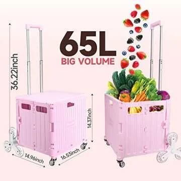 Honshine Foldable Cart with Stair Climbing Wheels, Collapsible Rolling Crate with Telescoping Handle, Handcart for Grocery Book File Tool Art Supplies(Pink)