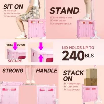 Honshine Foldable Cart with Stair Climbing Wheels, Collapsible Rolling Crate with Telescoping Handle, Handcart for Grocery Book File Tool Art Supplies(Pink)