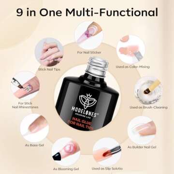modelones Nail Glue Gel with Top Coat and Nail Prep Dehydrator 3 PCS 15ml 9 in One Nail Glue Gel Nail Kit for Easy Nail Extension, No Wipe Top Coat