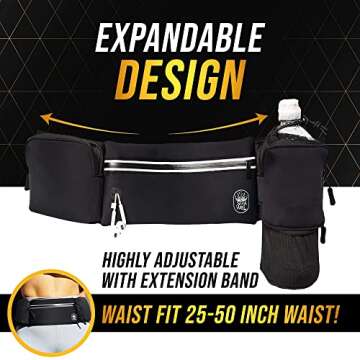 SOLAWELL Running Belt with Water Bottle Holder - Waist Bag With Extender for Jogging, Hiking, Cycling, Walking - Dog Walker Hydration Fanny Pack - Sport Pouch iPhone Carrier for Women and Men - Black