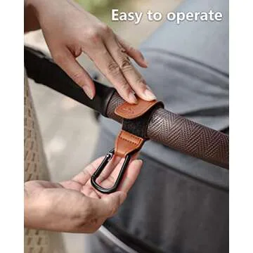 yueqian Stroller Hooks Bag Hooks for Hanging Diaper Bags Multipurpose Hooks for Grocery Shopping ​Bags Premium Vegan Leather Pram Straps Baby Stroller Hooks 2Pcs (Brown)