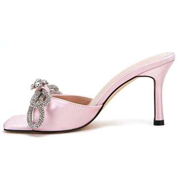 VETASTE Women's Heeled Sandals Square Open Toe Double Bow Satin Mules Heels Wedding Party Slip on Stilettos